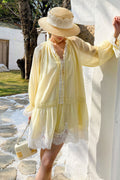 Linen Lace Patchwork Long Sleeve Midi Dress image 1