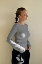 Basic Crew Neck Backless Striped Fitted Knit Blouse image 2