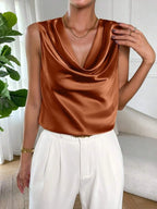 Marisol Satin Blouse detail view styled for Avrienne