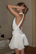 Tie Halter Shimmery 3D Floral Flowy Mini Dress image 3