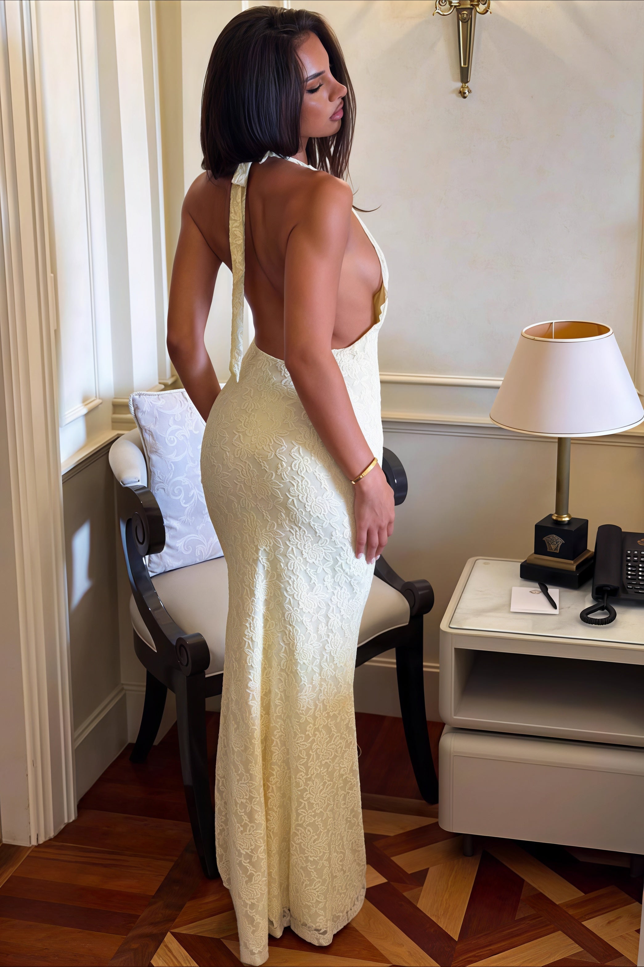 Lace Halter Tie Back Bodycon Maxi Dress image 3
