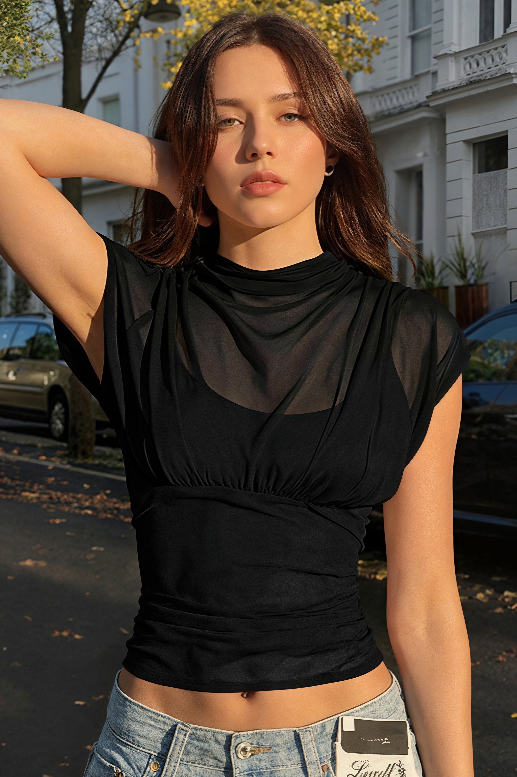 Solid Color Round Neck Mesh Sleeveless Blouse image 7