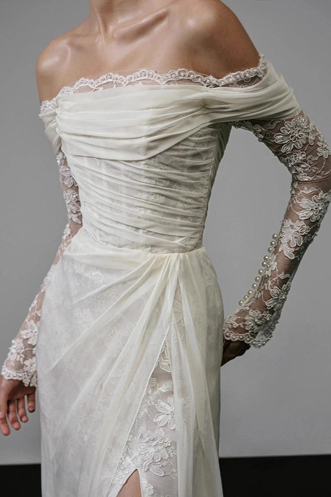 Long Sleeve Lace Off Shoulder Reception Dress image 3