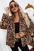 Fleece Leopard Zebra Print Notch Collar Coat image 2