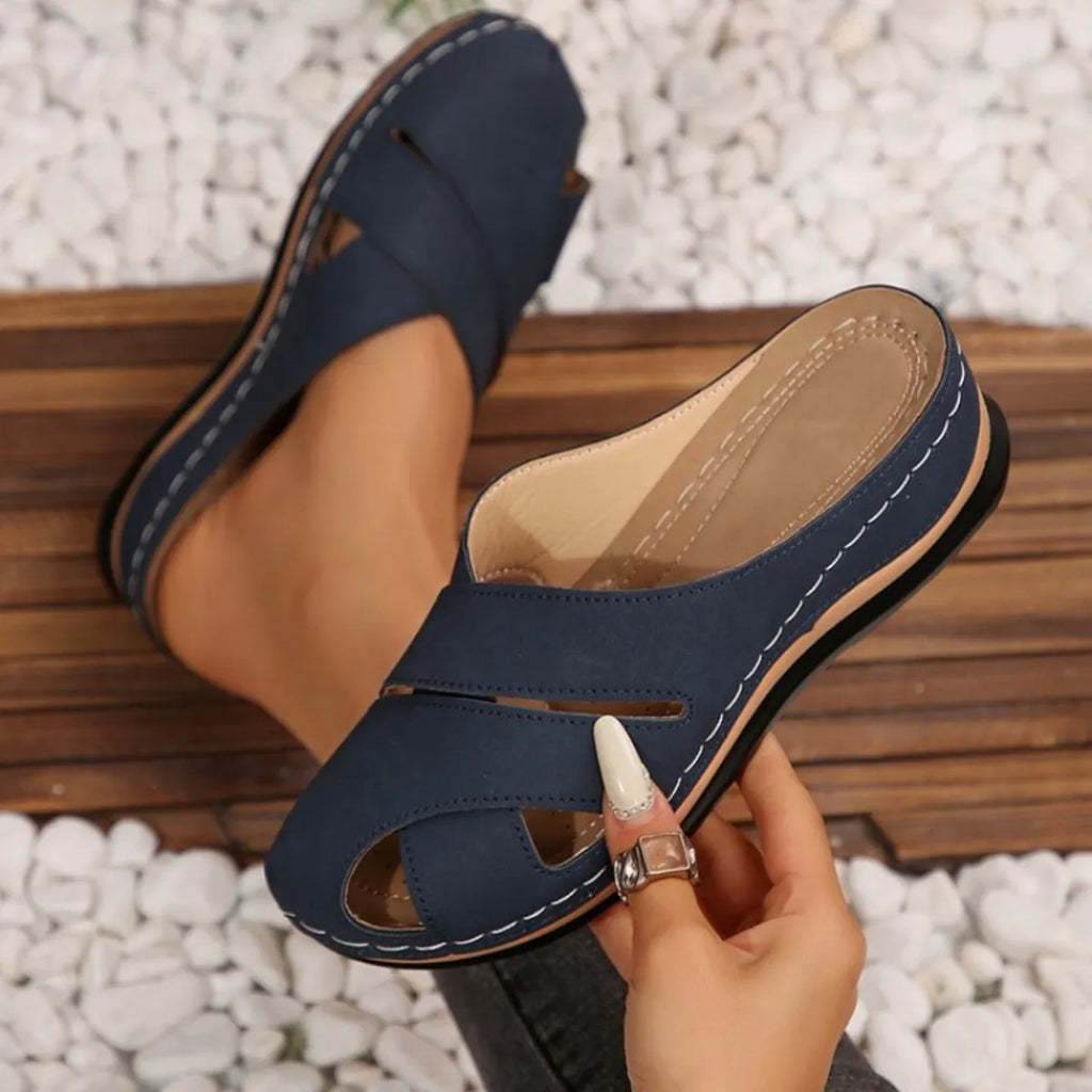 Alina Wedge Sandals detail view styled for Avrienne