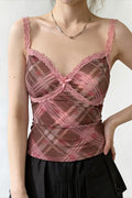Elegant Pink Plaid Lace Cami Top image 1