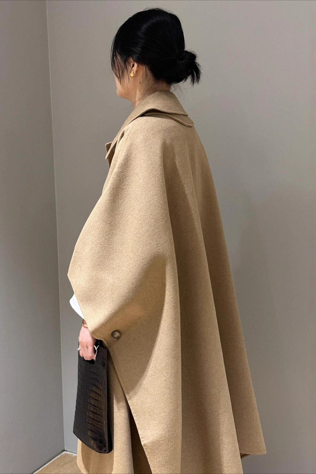 Beige Lapel Double Faced Wool Blend Cape Convertible Overcoat image 4