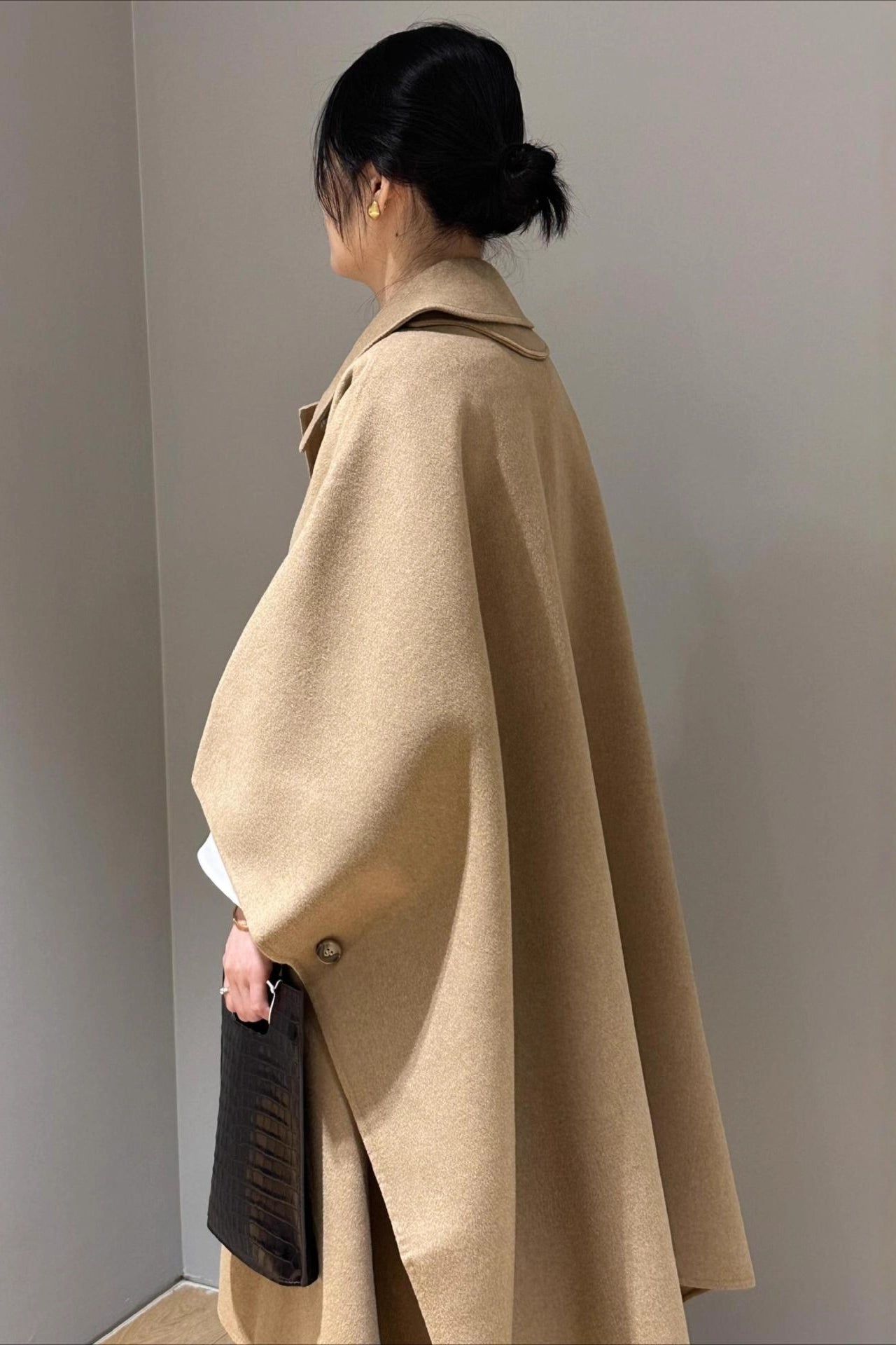 Beige Lapel Double Faced Wool Blend Cape Convertible Overcoat image 4
