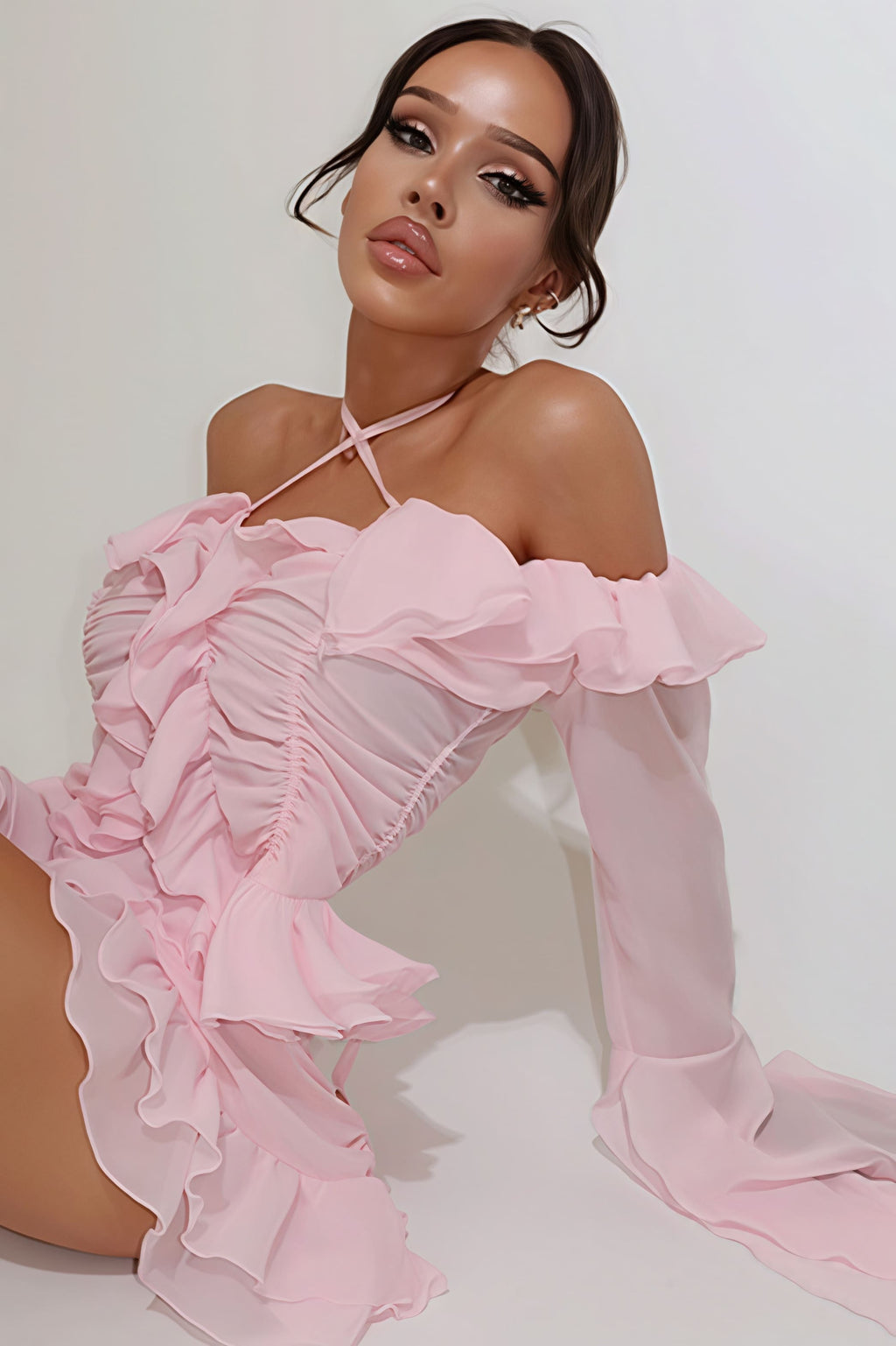Stylish Off Shoulder Long Sleeve Ruffle Skirt Set image 5