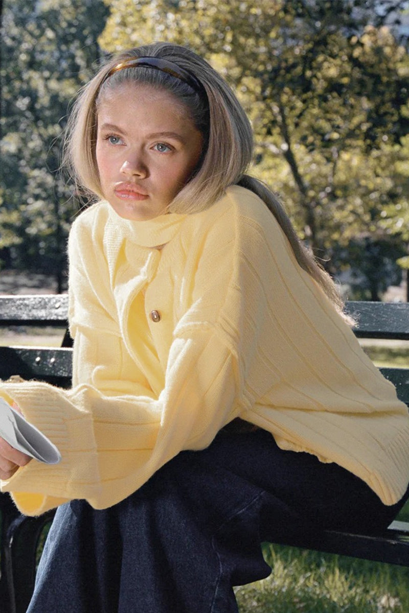 Yellow Ribbed Round Neck Knit Cardigan image 6
