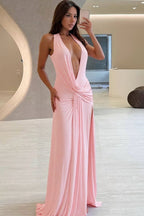 Solid Halter Deep V Backless Slit Floor Maxi Dress image 11