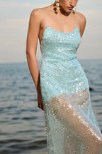Solid Patchwork Sheer Backless Cami Sequin Maxi Dress image 5