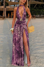 Deep V Leopard Halter Backless Maxi Dress image 1