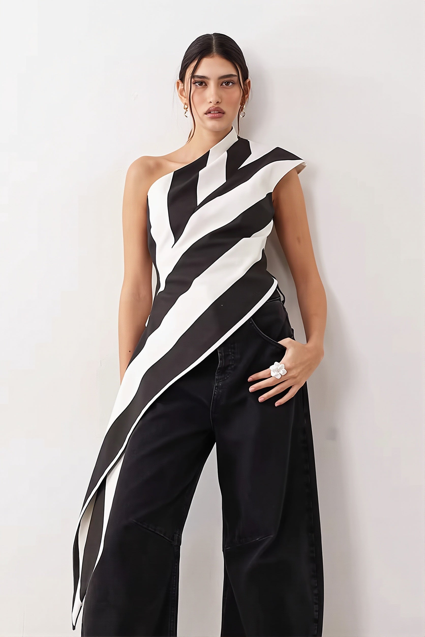 Striped Chiffon One Shoulder Tie Blouse image 2