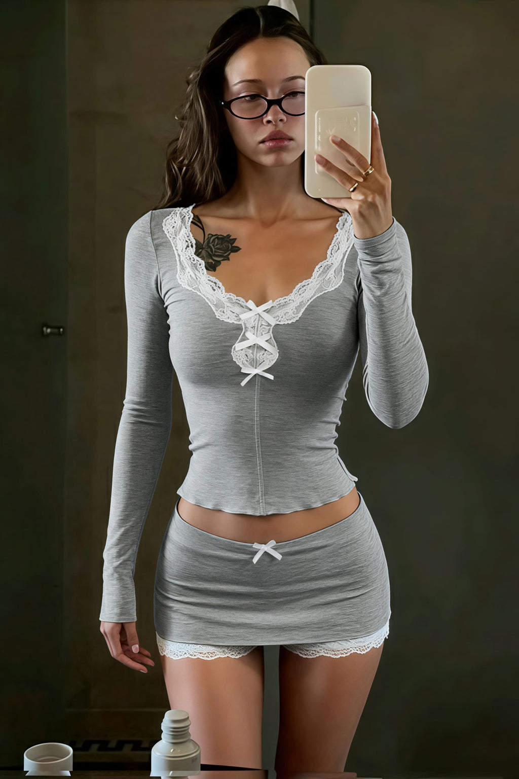 French Romantic Lace Bow Long Sleeve Culottes Set image 6