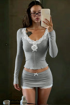 French Romantic Lace Bow Long Sleeve Culottes Set image 6
