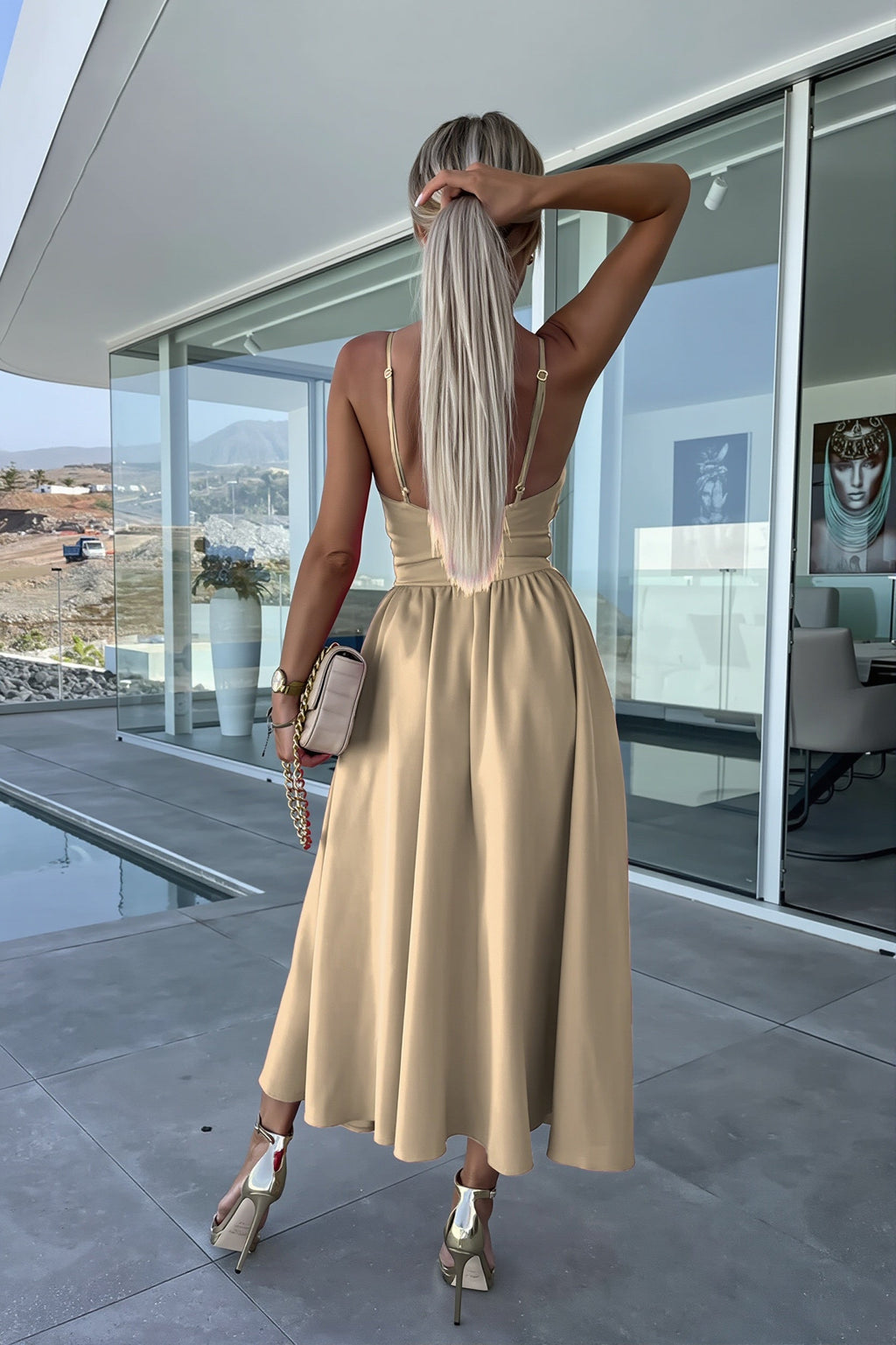 Solid Deep V Cut Out Cami Swing Slit Maxi Dress image 10