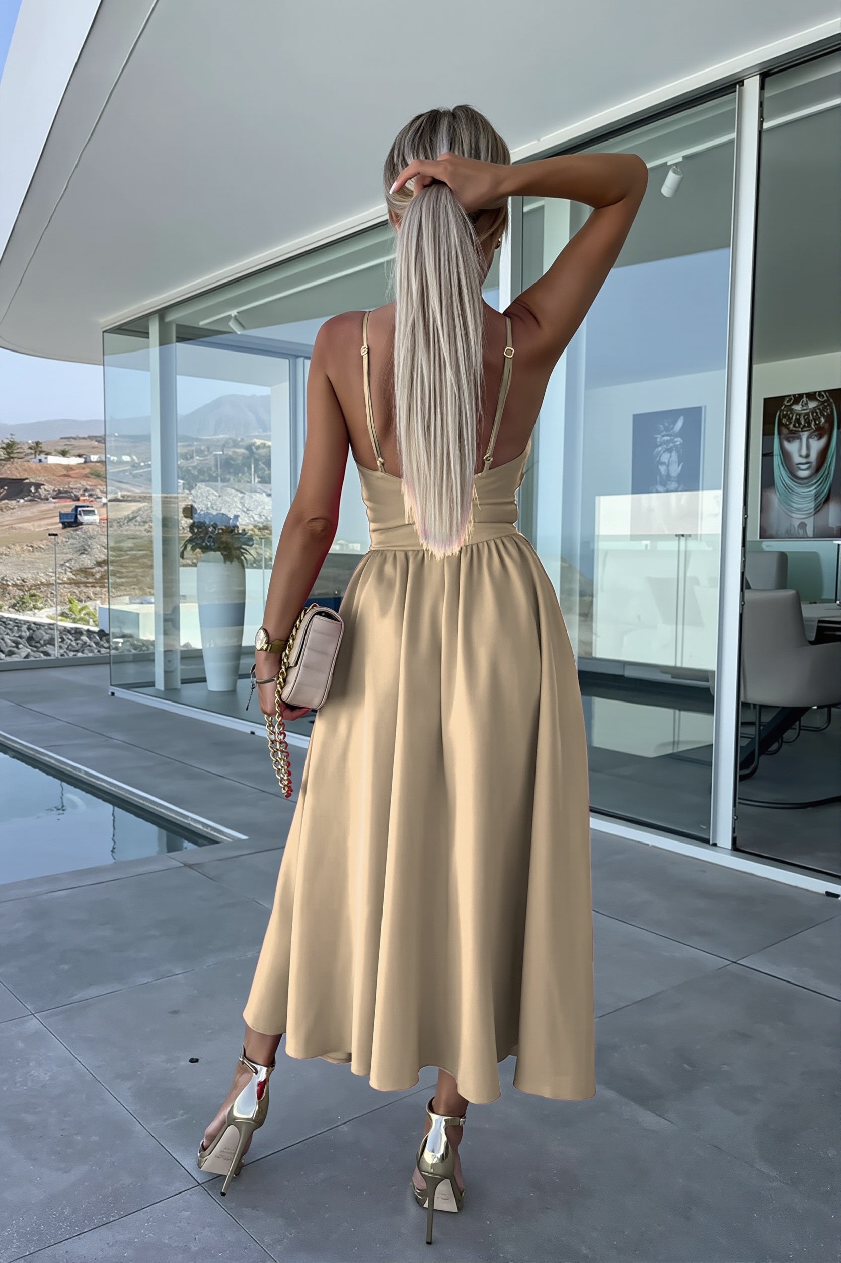 Solid Deep V Cut Out Cami Swing Slit Maxi Dress image 10