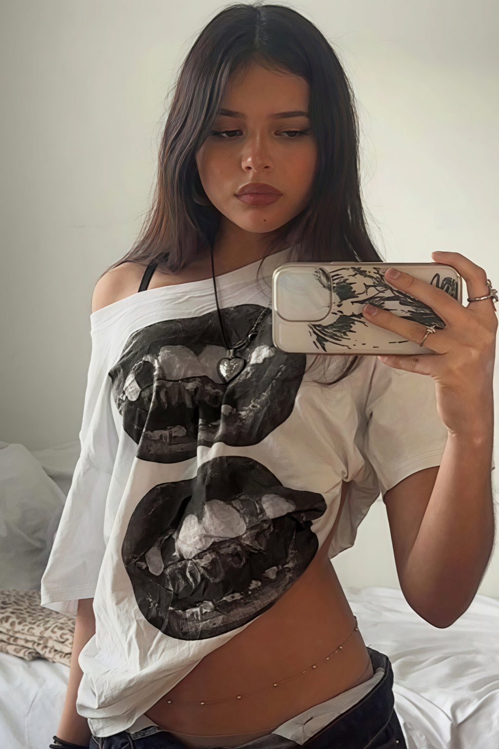 Hip Hop Lip Print Asymmetric Neck Sexy T-shirt image 2