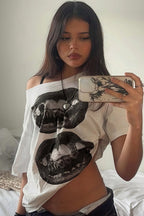 Hip Hop Lip Print Asymmetric Neck Sexy T-shirt image 2