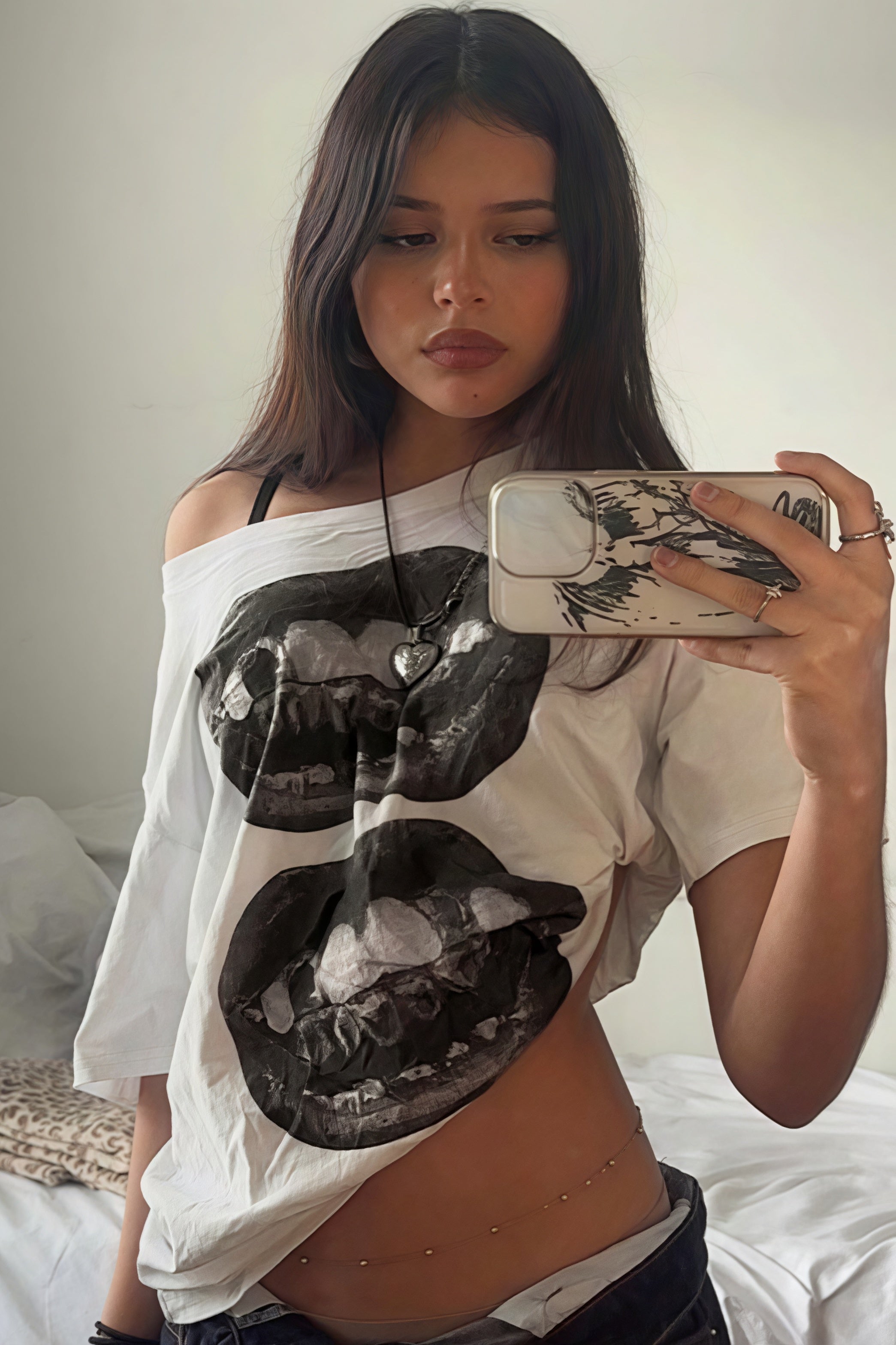 Hip Hop Lip Print Asymmetric Neck Sexy T-shirt image 2