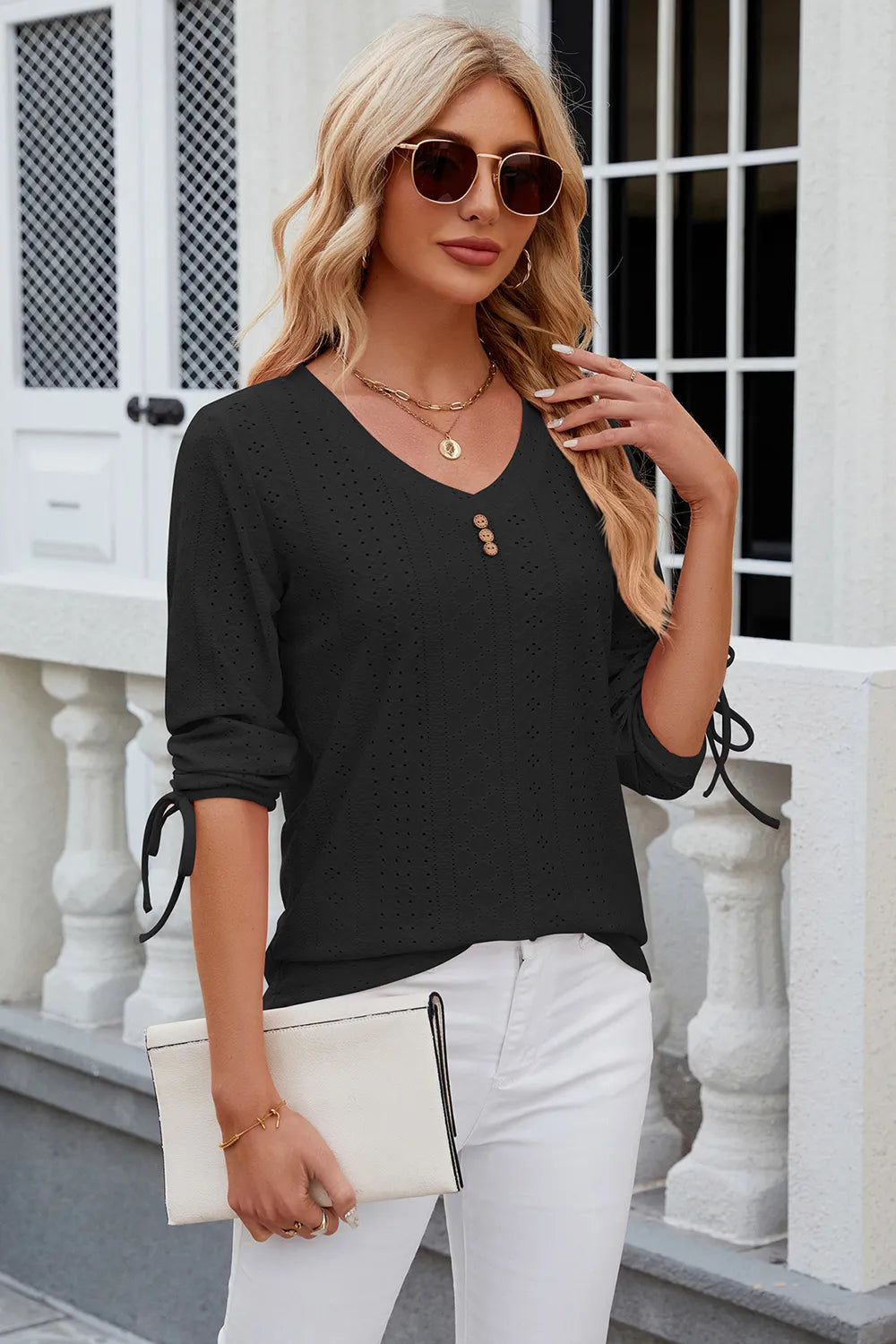 Petra Eyelet Top detail view styled for Avrienne