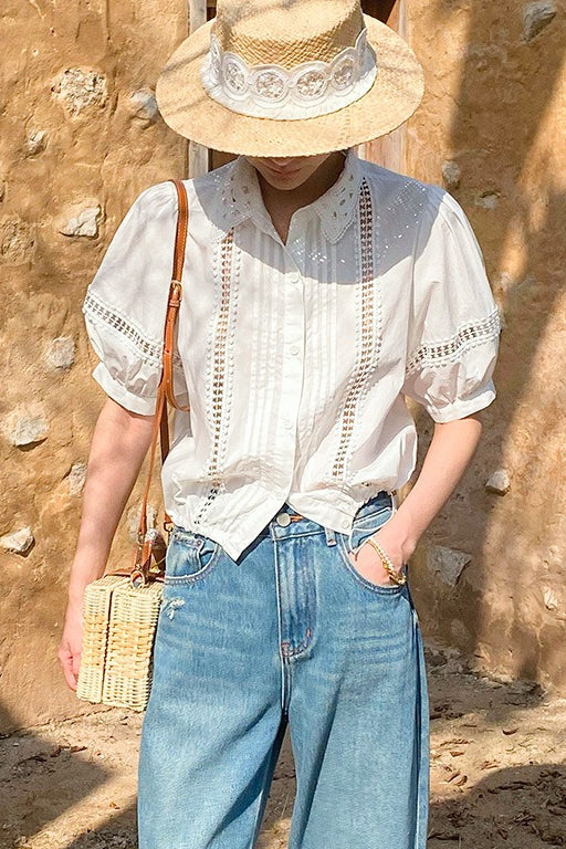 Chic Stripe Lace Puff Sleeve Blouse image 7