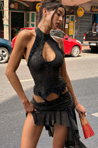 Chic Cut Out Halter Backless Asymmetric Crop Top Skirt Sets image 2