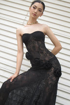 Sheer Lace Strapless 3D Floral Train Maxi Dress image 6