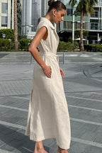 Linen Cotton High Waist Slit Tie Maxi Dress image 3