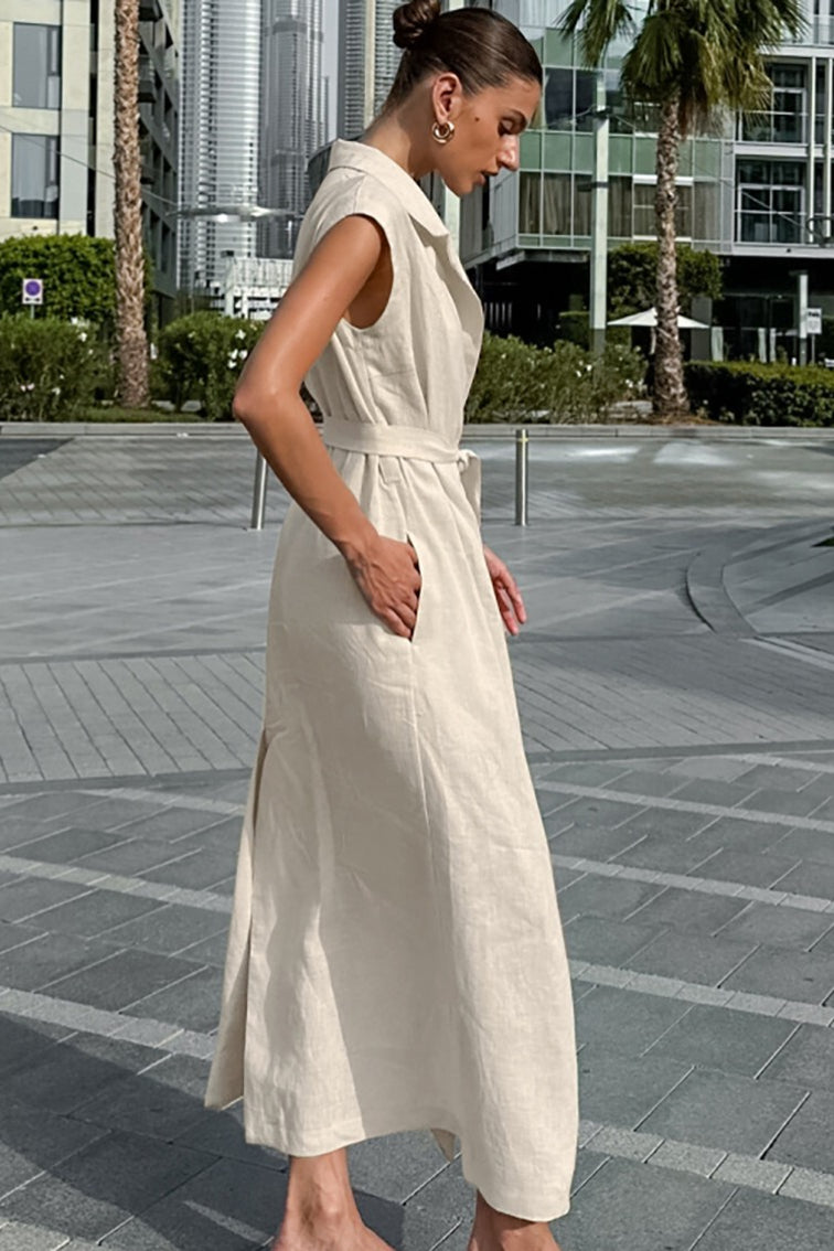 Linen Cotton High Waist Slit Tie Maxi Dress image 3