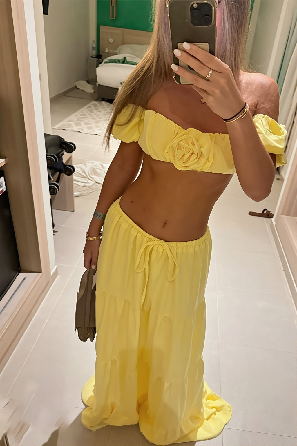 Solid Strapless Tie Ruched Tiered Skirt Sets image 3