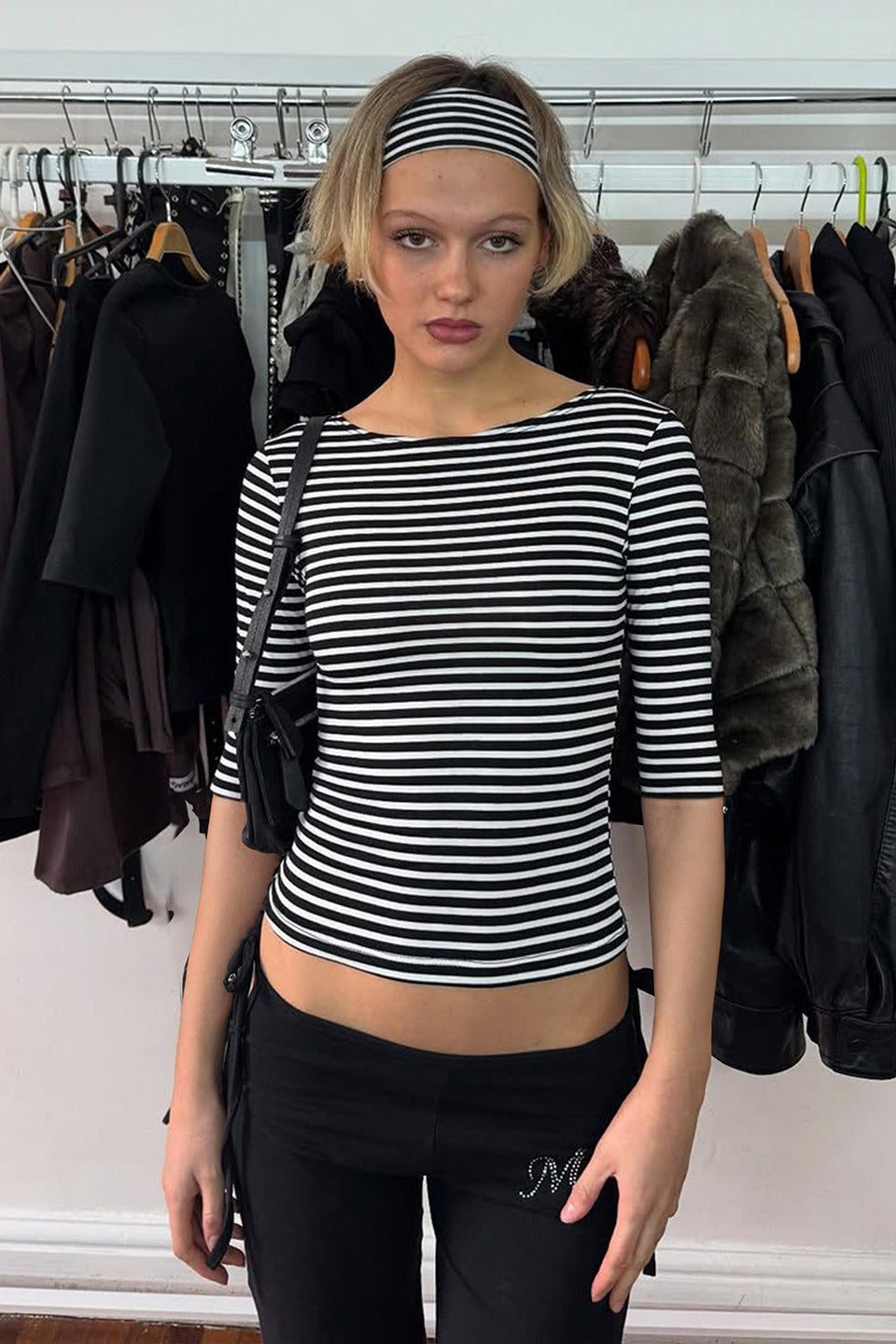 Vintage Color Block Stripe Jacquard Fitted Knit Blouse image 1