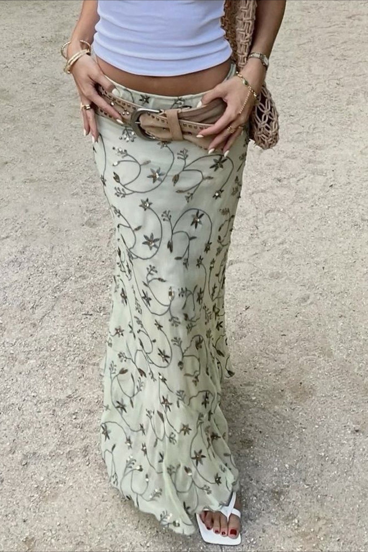 Knit Floral Print Slim Midi Skirt image 2