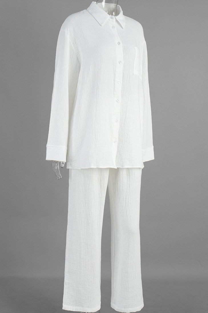 Solid Cotton Wrinkled Shirt Pants Two Piece Set image 4