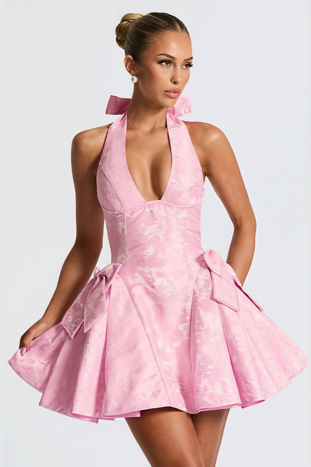 Jacquard Halter V Neck Bow Mini Dress image 5
