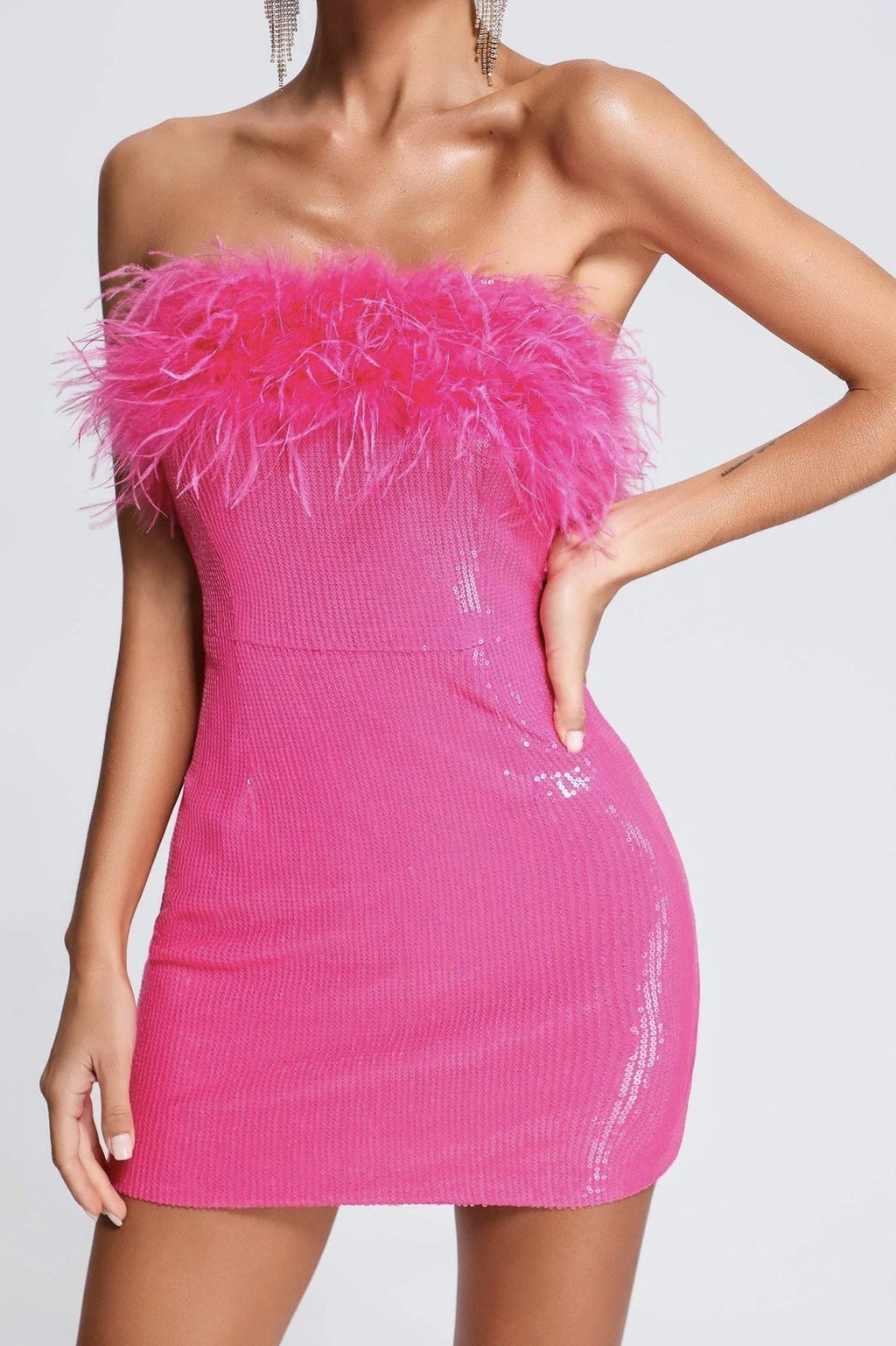 Sequin Faux Fur Off Shoulder Party Dress image 1