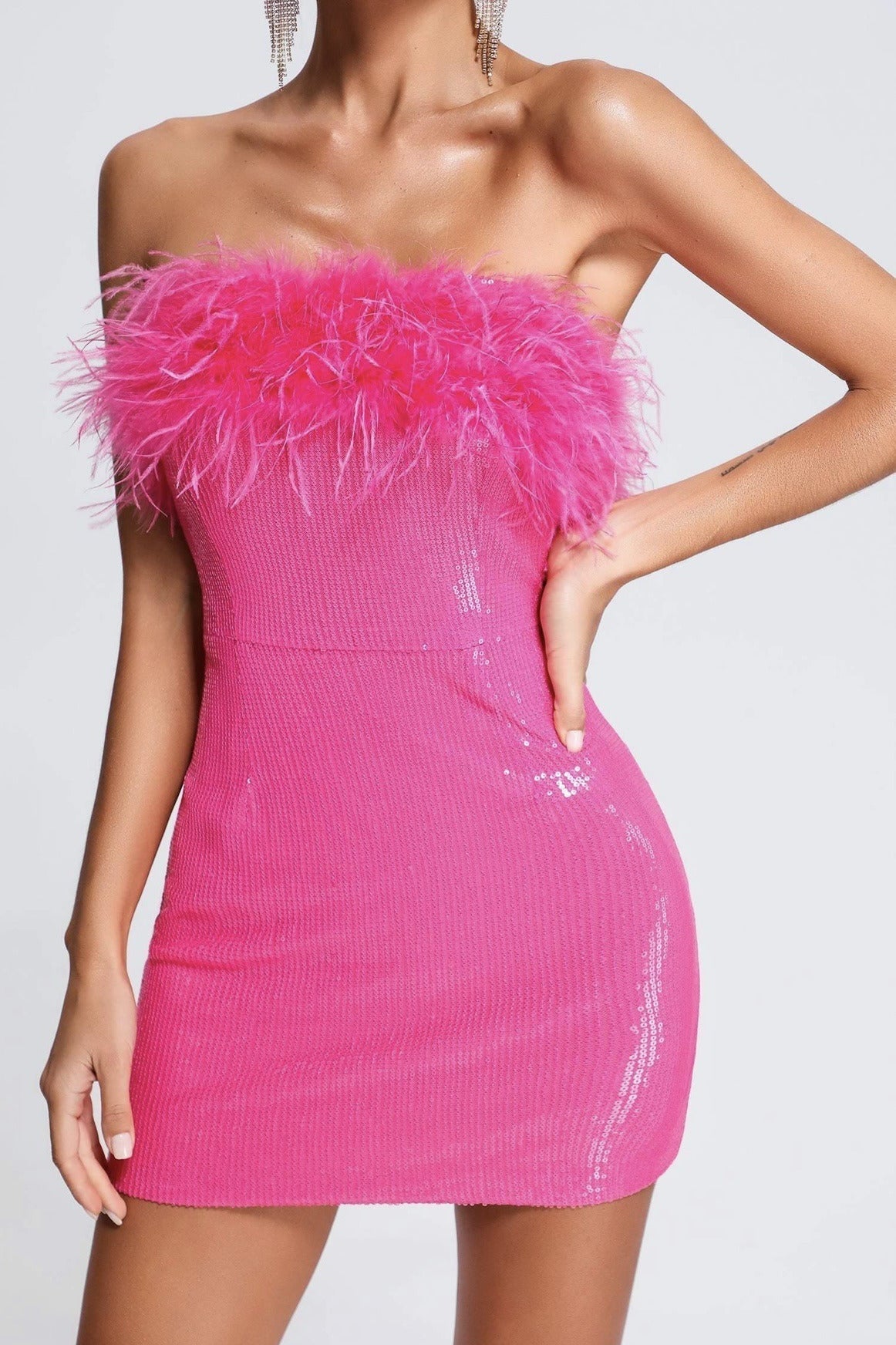 Sequin Faux Fur Off Shoulder Party Dress image 1
