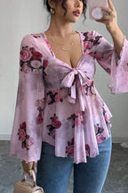Floral Tie Dye Square Neck Tie Long Sleeve Blouse image 3