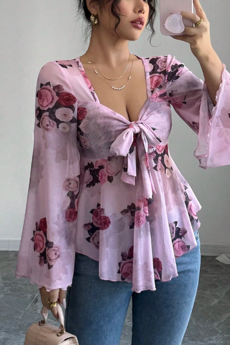 Floral Tie Dye Square Neck Tie Long Sleeve Blouse image 3