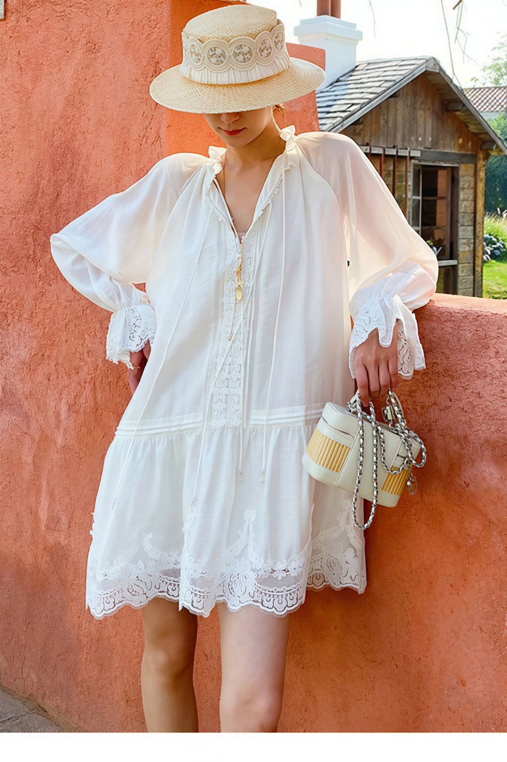 Linen Lace Patchwork Long Sleeve Midi Dress image 5