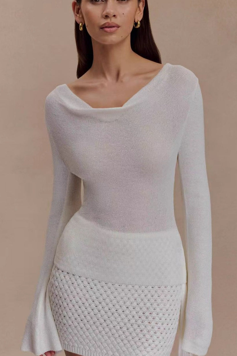 Sexy Slim-Fit Waist-Cinched Lace-Knit U-Neck Sweater image 1