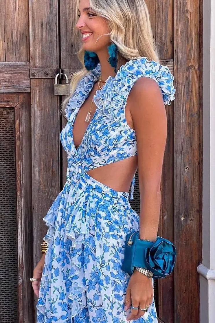 Ruffle Trim Deep V Floral Dress image 6