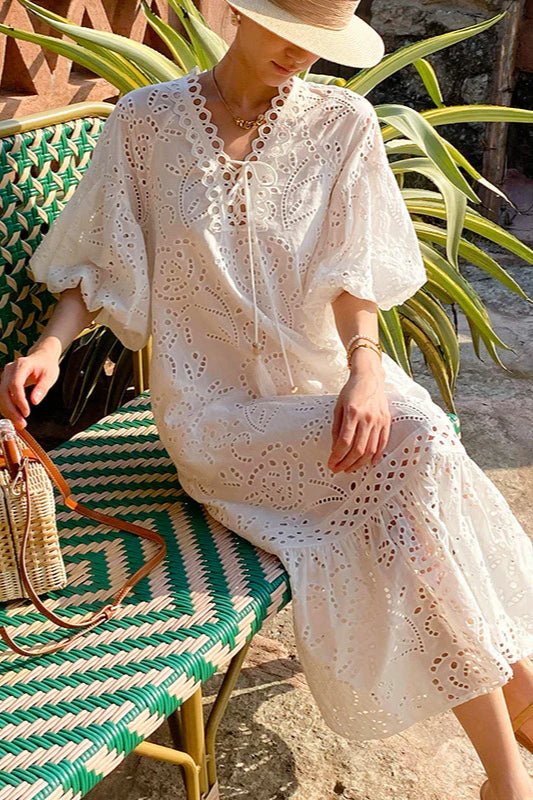 Embroidered Puff Sleeve White Maxi Dress image 4