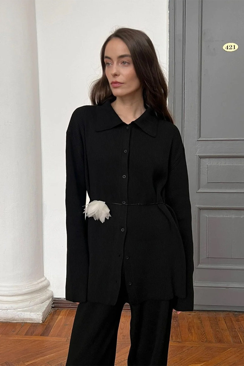 Knit Ribbed Collar Long Sleeve Loose Two Piece Set image 9