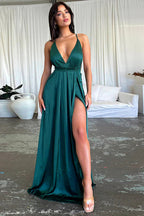 Satin V-Neck Waist-Cinching Split Dress Party Dress image 2
