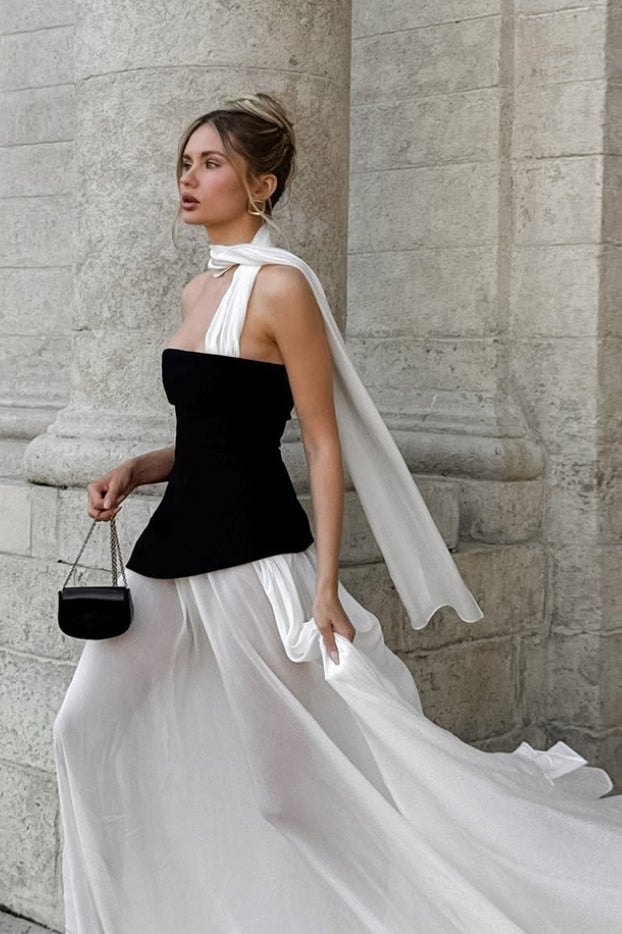 Elegant Flared Wavy Trim Color Block Maxi Dress image 2