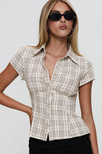Fitted Waist Plaid V Neck Button Front Short Blouse image 3