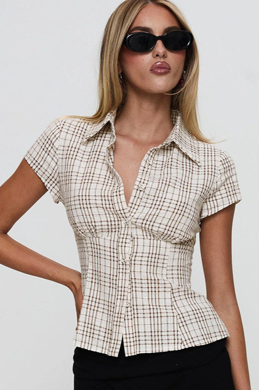 Fitted Waist Plaid V Neck Button Front Short Blouse image 3