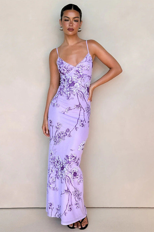 Elegant V-neck Floral Purple Cami Bodycon Maxi Dress image 1